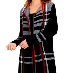Kasper Women's Edge Plaid Cardigan Sweater Open Front Black, Red, & White Size M